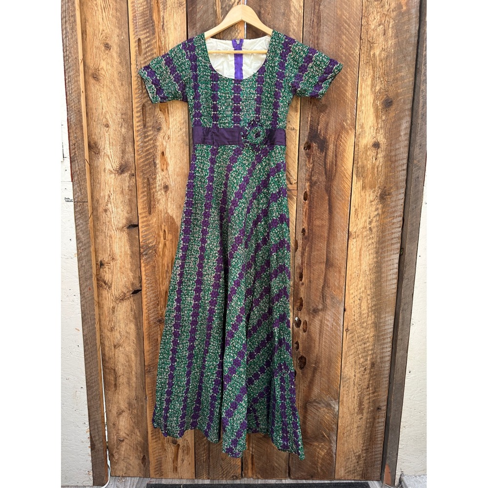Handmade African Wax Print Maxi Dress Womens S Purple Green Floral Heart‎ Zipper